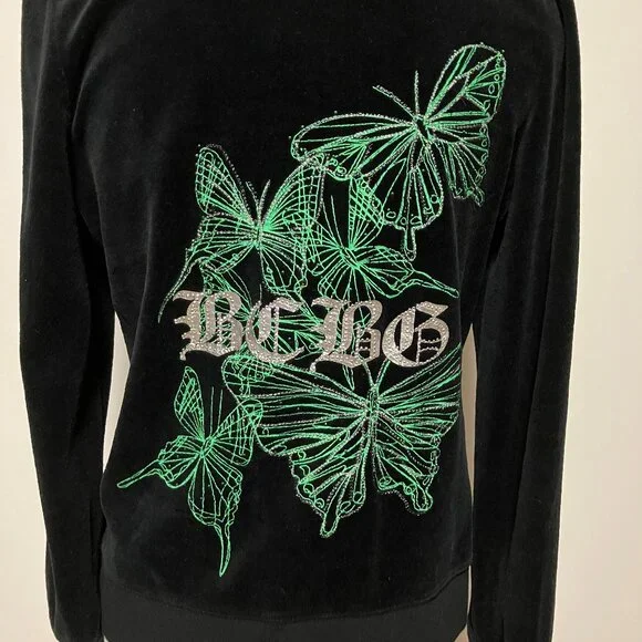 BCBG Maxazria Black Velour Hoodie With Green Butterflies, Size Large, Full Zip - Picture 8 of 13
